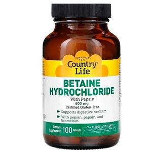 Бетаїн гідрохлорид (Betaine Hydrochloride) 600мг 100 таблеток ТМ Кантрі Лайф / Country Life