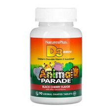 Витамин D3 500 МЕ для детей без сахара вкус черной вишни Animal Parade Natures Plus 90 жевательные таблетки - Фото