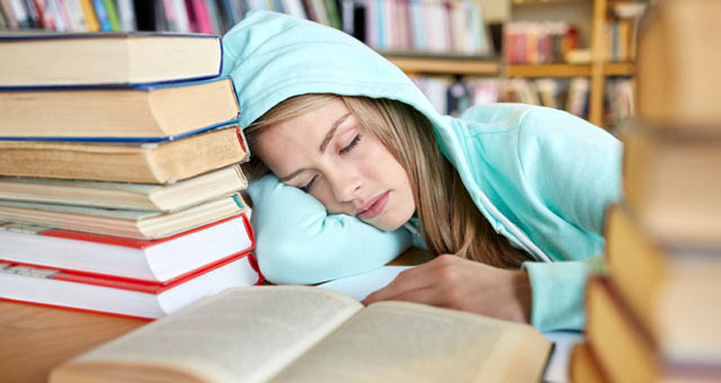 девушка спит за книгами